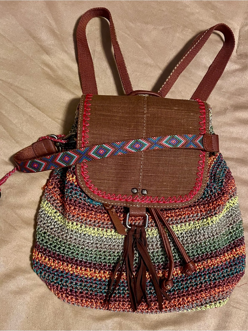 The Sak Avalon Brown & Multicolor Crochet Backpack with Patterned Strap